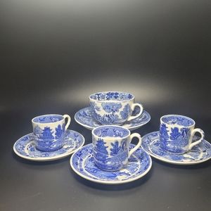 8 PcsVintage Blue Abd White Porcelain Cups And Sauce